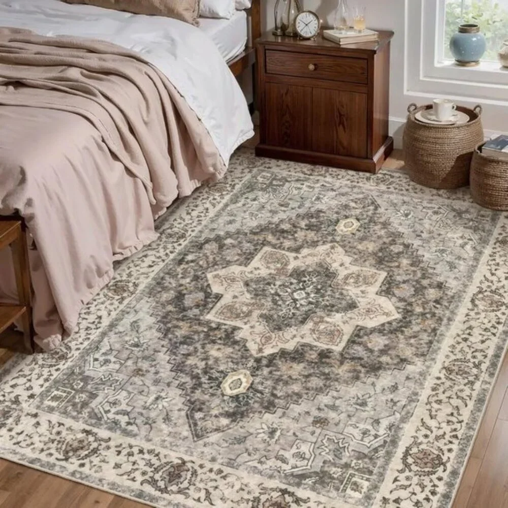 New 4x6 Washable Vintage Rug, Soft Distressed Brown/Grey Non-Slip Carpet
